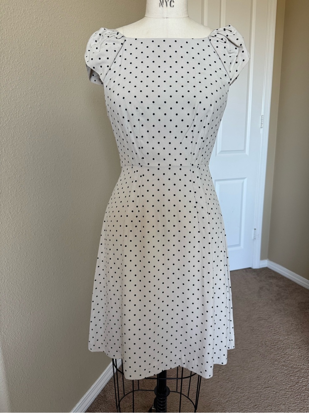 Barneys New York 100% Silk Light Beige Dress with Black Polka Dots Size 0